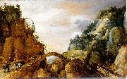 Joos de Momper mountainous landscape with horsemen and travellers crossing a bridge. France oil painting artist